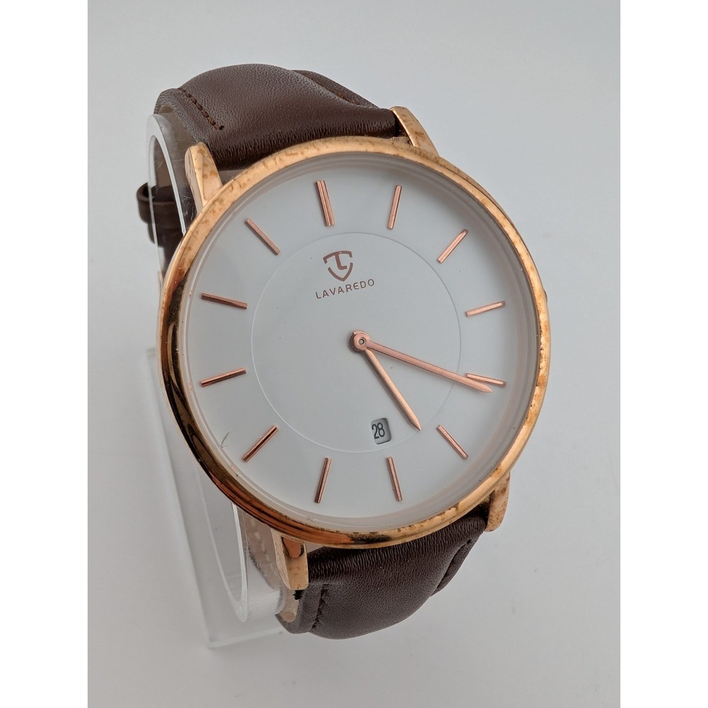 Lavaredo Watch Men 40mm Thin Rose Gold‎ Case Brown Leather Band- New Battery